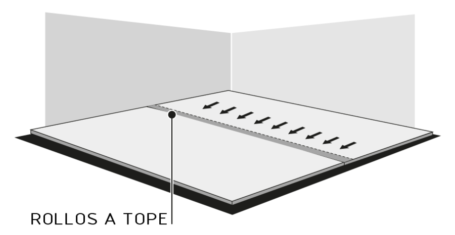 El primer rollo debe estar perfectamente alineado con el muro y sucesivamente los demás rollos se alinean con el primero. Si fuera necesario, se puede utilizar una cinta de papel para unir los mismos y alinearlos a tope.