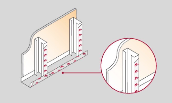 Para optimizar la aislación acústica y evitar condensaciones por diferencia de temperaturas, aplicar sobre los laterales de los montantes que estarán en contacto con las placas internas o externas de terminación.