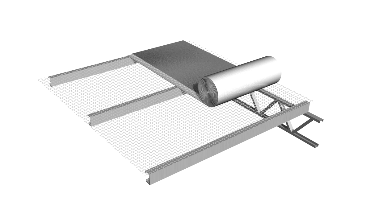 Presentar los rollos de Súper TBA directamente sobre las correas del techo con la cara de aluminio mirando hacia arriba.